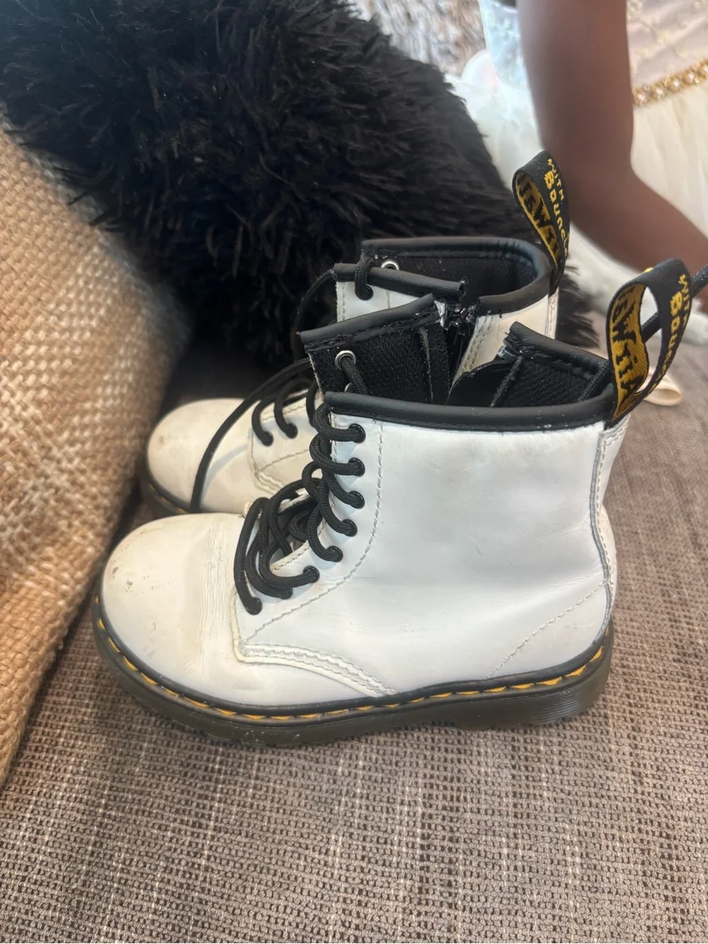 Dr. Martens Kids White Leather Lace-Up Ankle Boots with Black Trim